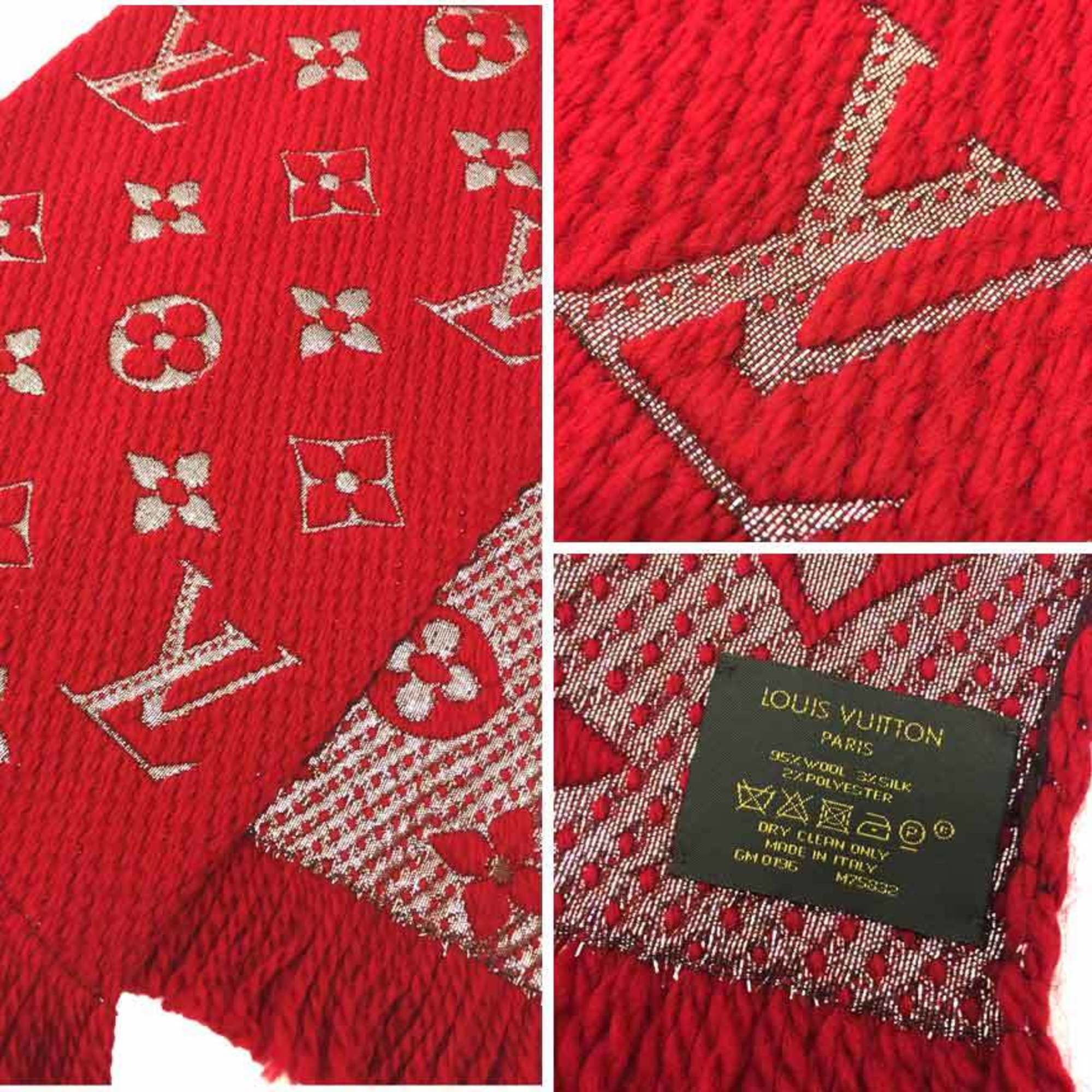 LOUIS VUITTON Louis Vuitton Echarpe Mania Shine Scarf M75832 Rouge Red Monogram Wool x Silk