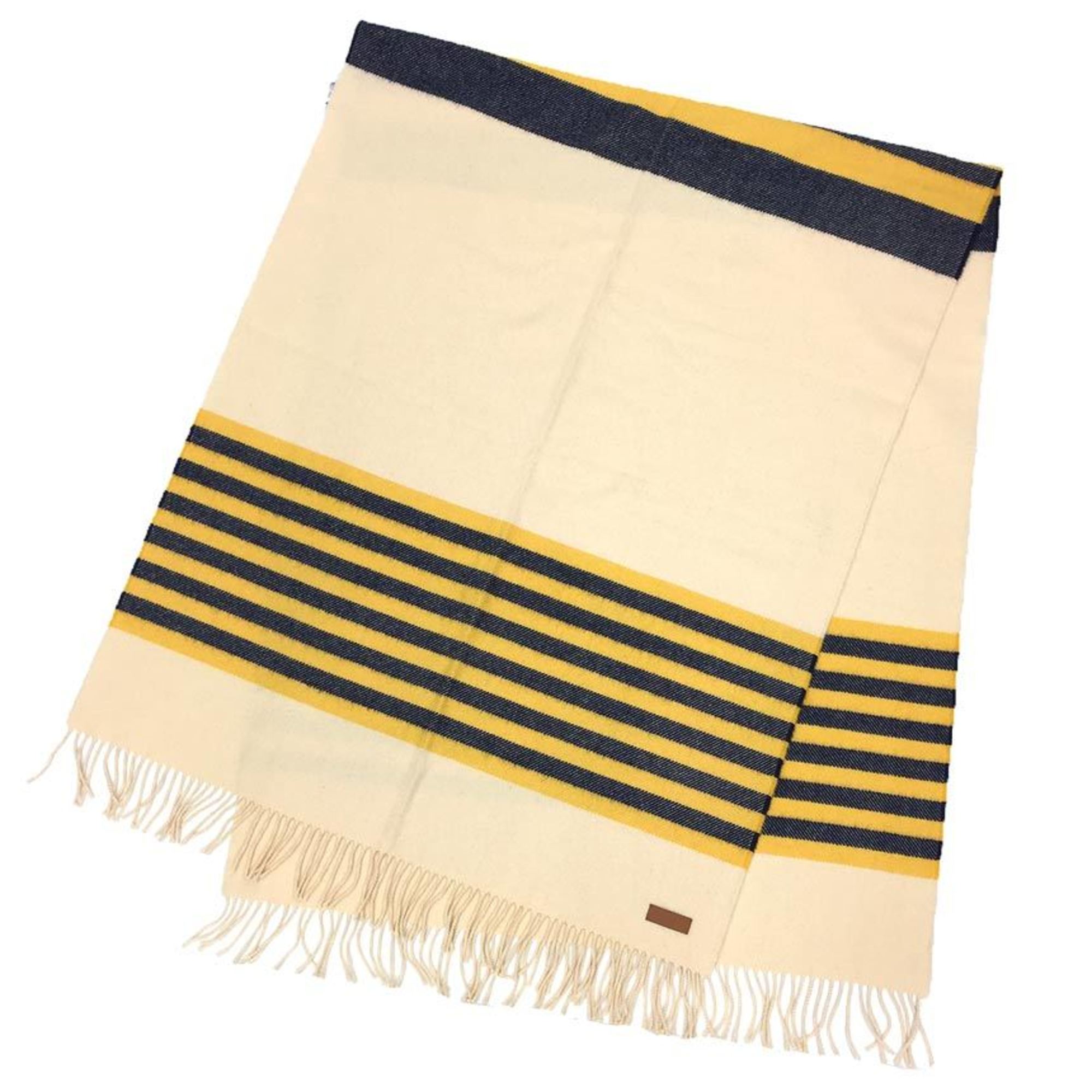 HERMES Hermes Cashmere Large Stole Shawl Ivory x Navy Yellow Blanket Men's Women's Scarf