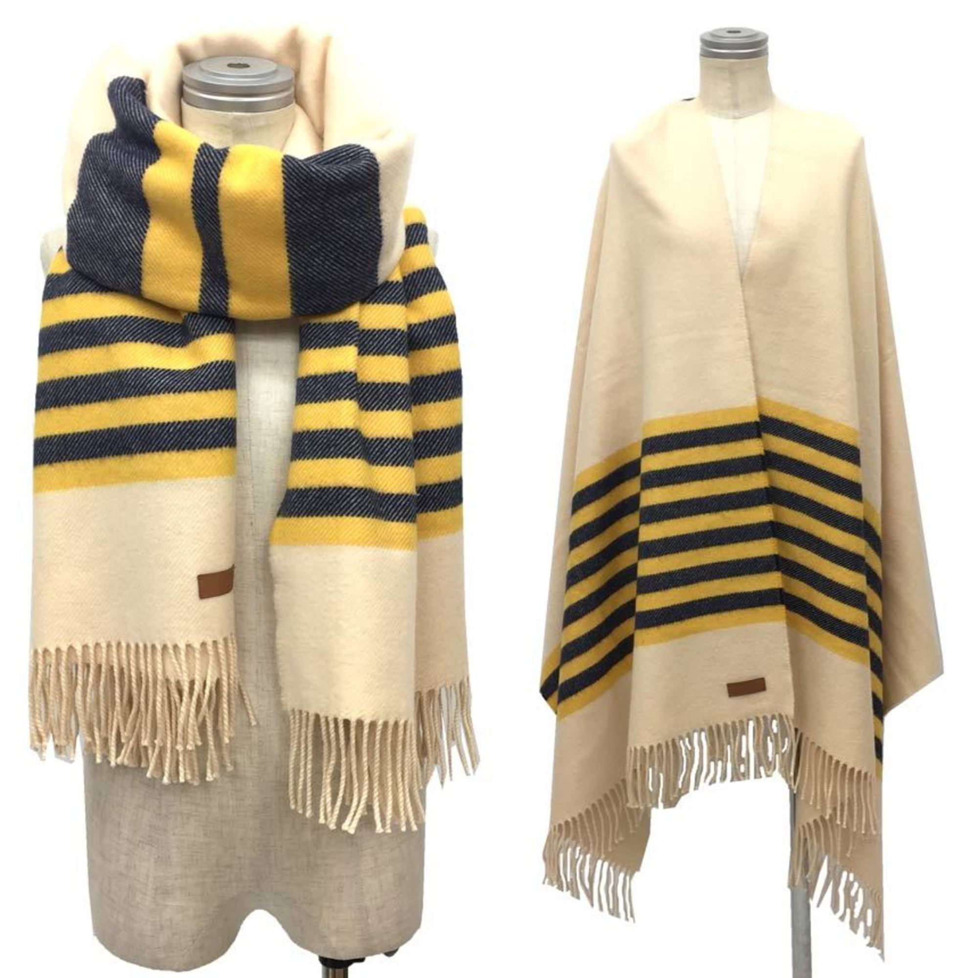 HERMES Hermes Cashmere Large Stole Shawl Ivory x Navy Yellow Blanket Men's Women's Scarf