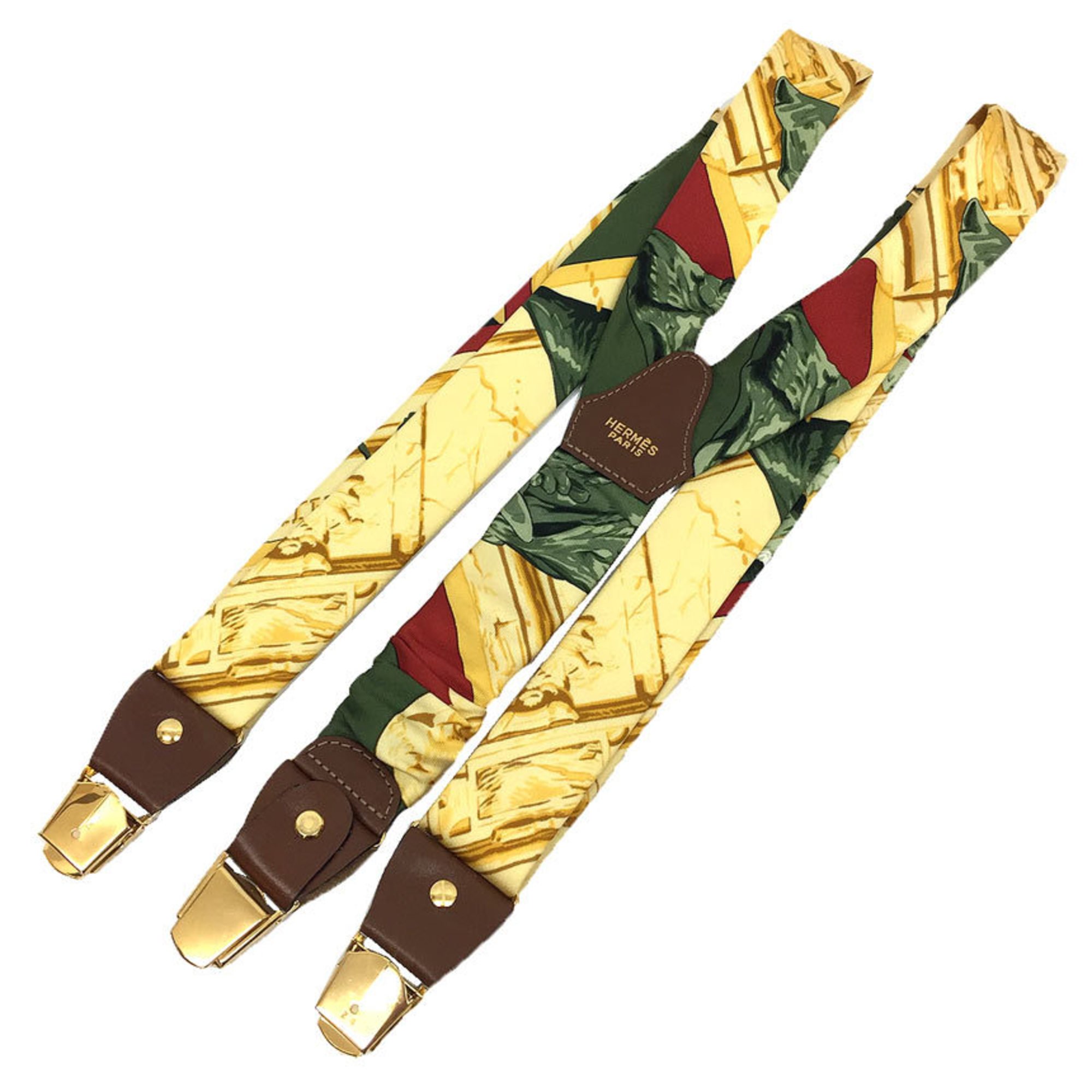 HERMES suspenders LA FONTAINE DE BARTHOLDI Bartholdi Fountain Silk x Leather Beige scarf muffler aq9775