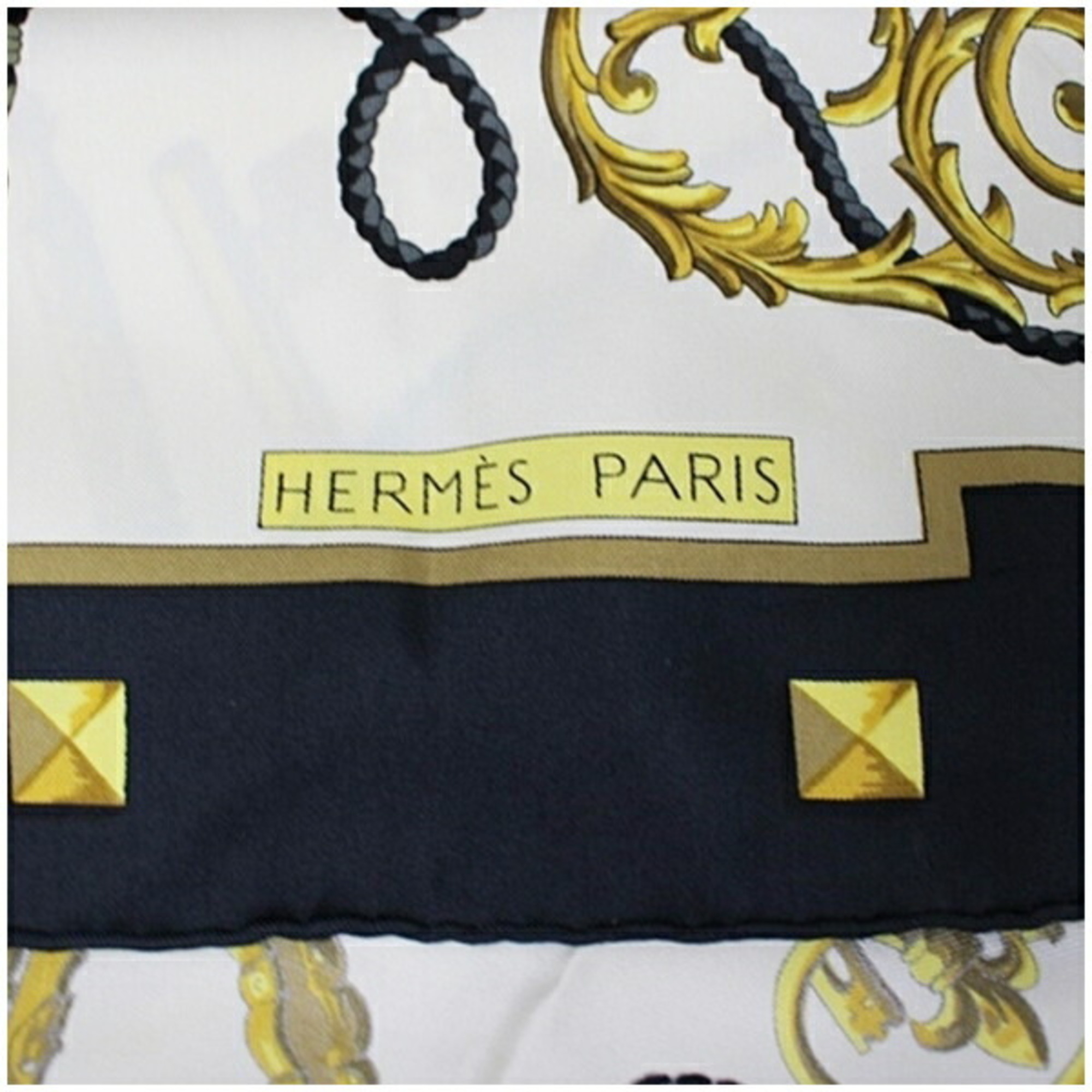 Hermes Silk Scarf Muffler Carre 90 "LES CLES" Key Pattern Black HERMES Women's