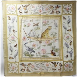 Salvatore Ferragamo Silk Scarf Muffler Bird and Tiger Pattern Beige x White Women's