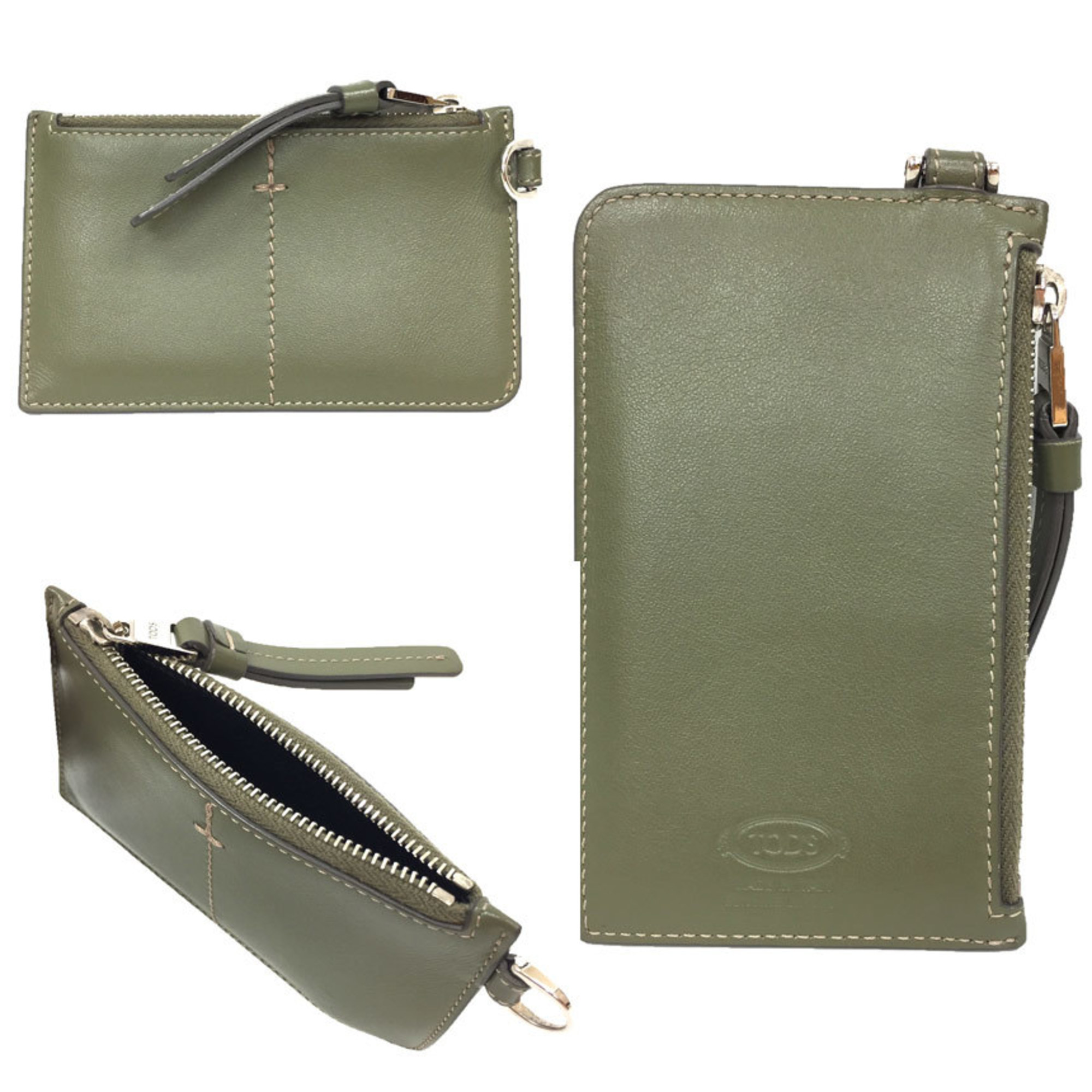 TOD'S Coin Case Card Leather Khaki Wallet