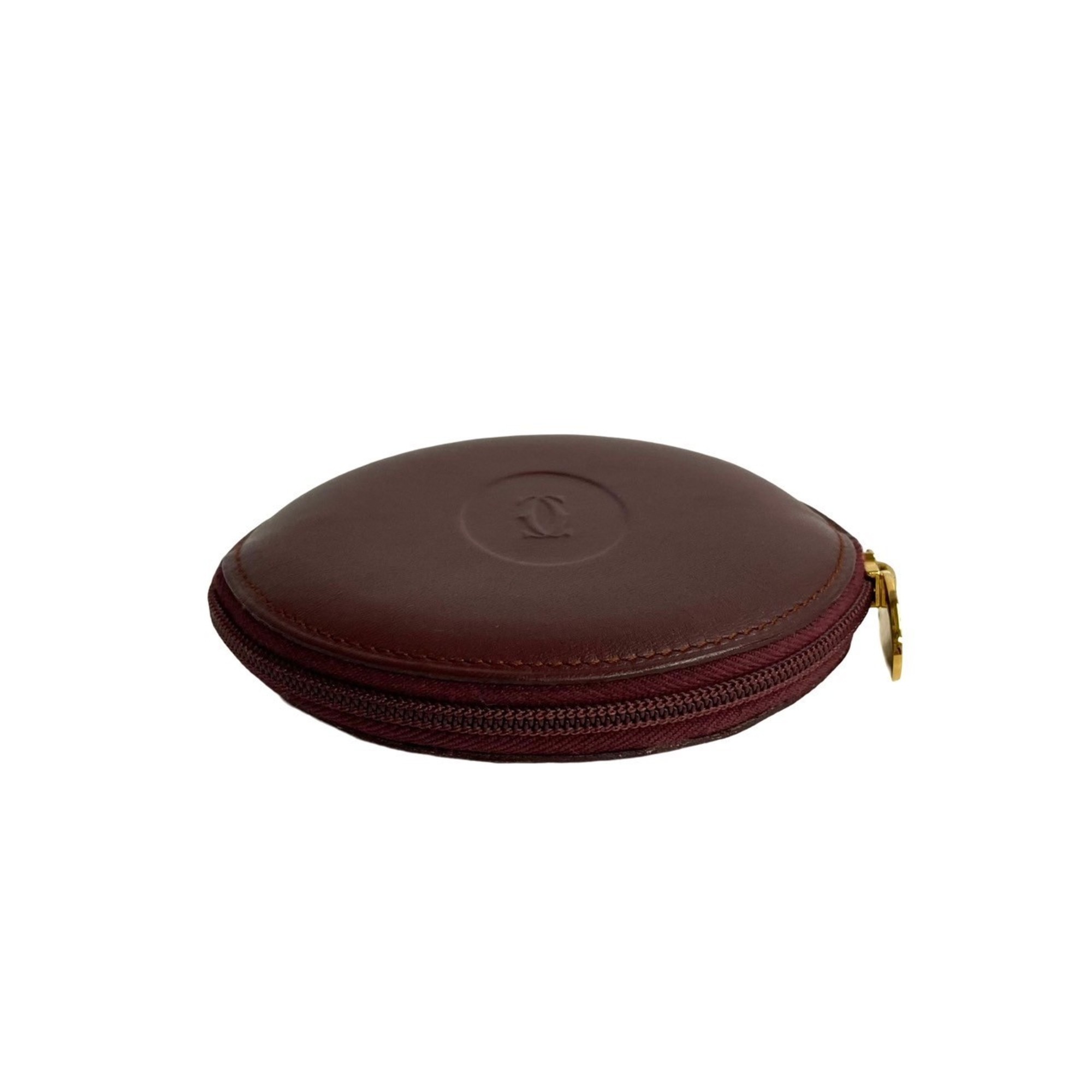 CARTIER Must Line Leather Round Zip Wallet/Coin Case Coin Purse Bordeaux 78680