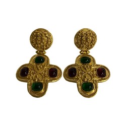 CHANEL 94A Gripoa Color Stone Coco Mark Earrings for Women Gold 03913