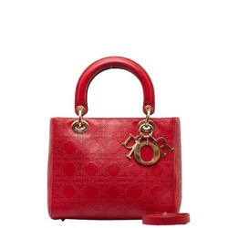 Christian Dior Dior Cannage Lady Handbag Shoulder Bag Red Gold Leather Women's