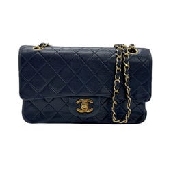 CHANEL Shoulder Bag Matelasse Double Flap Leather/Metal Navy/Gold Women's z0747