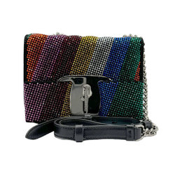 Salvatore Ferragamo Shoulder Bag Vara Ribbon Leather/Rhinestone Black/Multicolor Silver Women's z0754