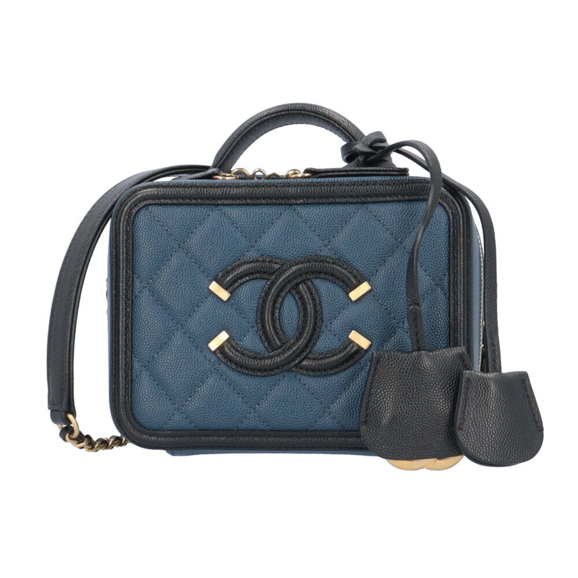 Chanel Small Chain Vanity CC Filigree Shoulder Bag Caviar Skin Navy Women's CHANEL