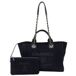 CHANEL Bag Deauville Women's Tote Handbag Shoulder 2way Canvas Black Chain