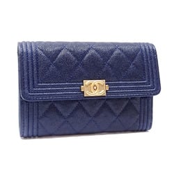 Chanel Bi-fold Wallet Boy Women's Blue Caviar Skin A84302 Coco Mark A211842