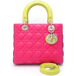 Christian Dior Lady 2Way Bag Cannage Leather Pink Yellow Blue 351180
