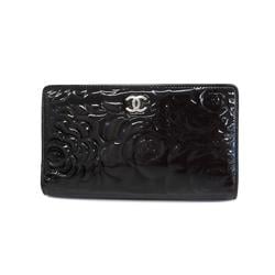 Chanel Long Wallet Camellia Patent Leather Black Women's