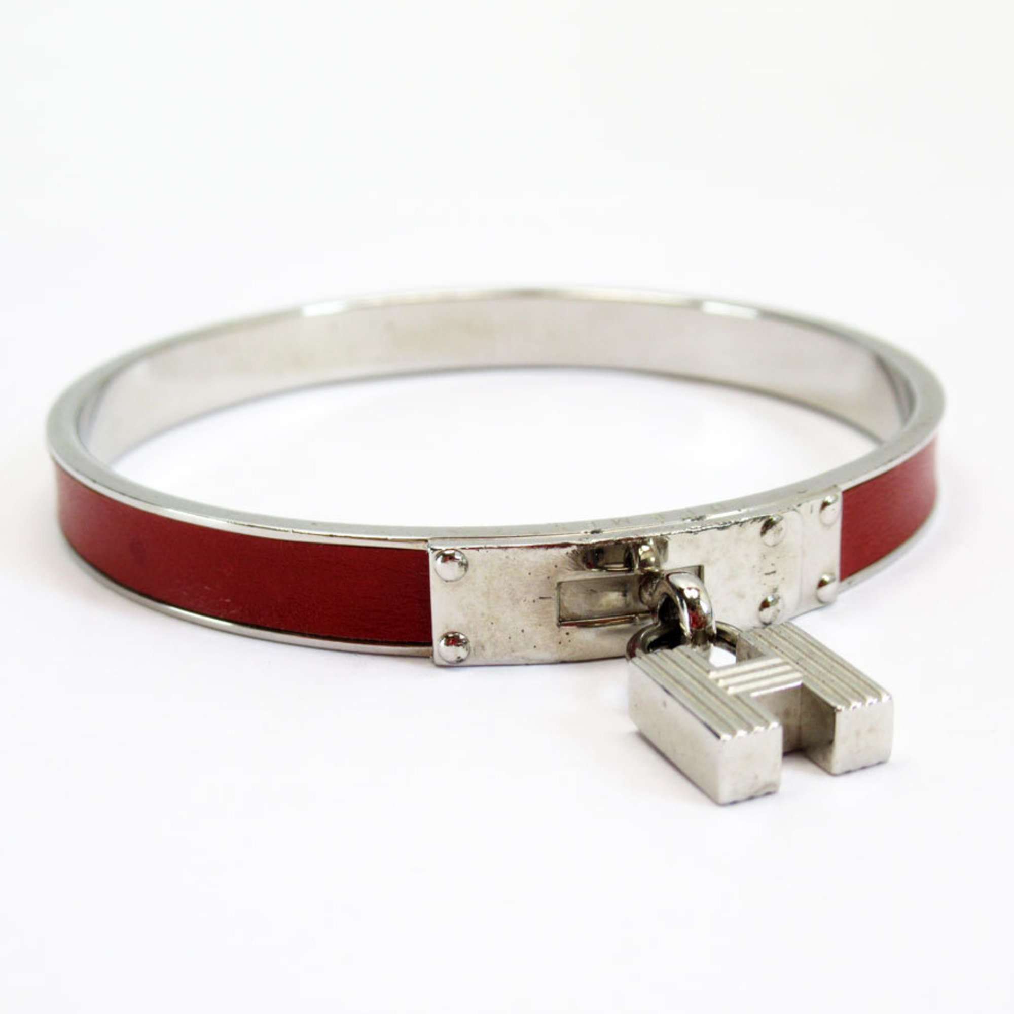 Hermes HERMES Bangle Bracelet H Cadena Charm Metal/Leather Silver/Brown Women's w0258i