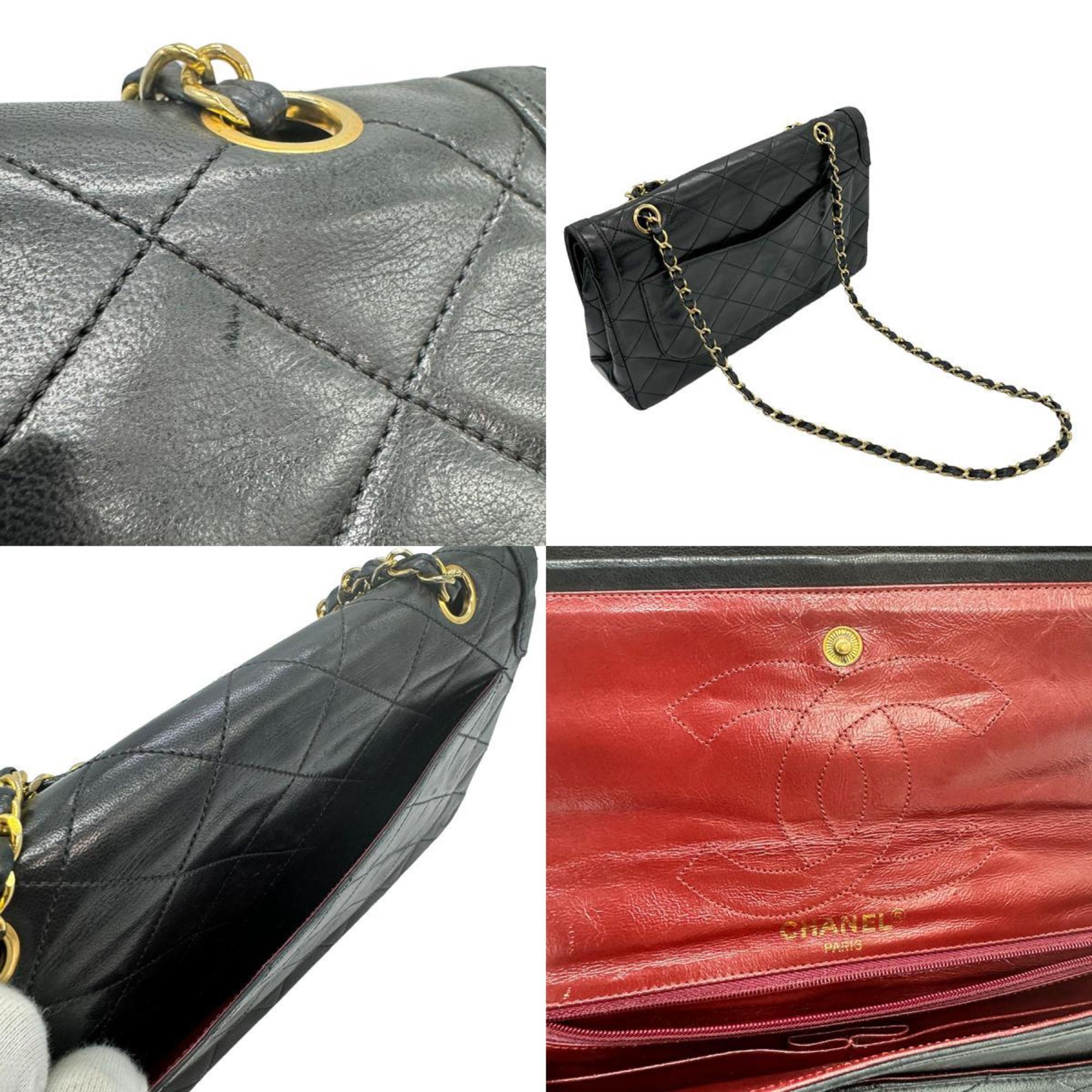 CHANEL Shoulder Bag Double Flap Leather/Metal Black/Gold/Silver Women's z0742