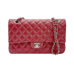 CHANEL Shoulder Bag Matelasse Double Flap Caviar Leather/Metal Red/Silver Women's z0787