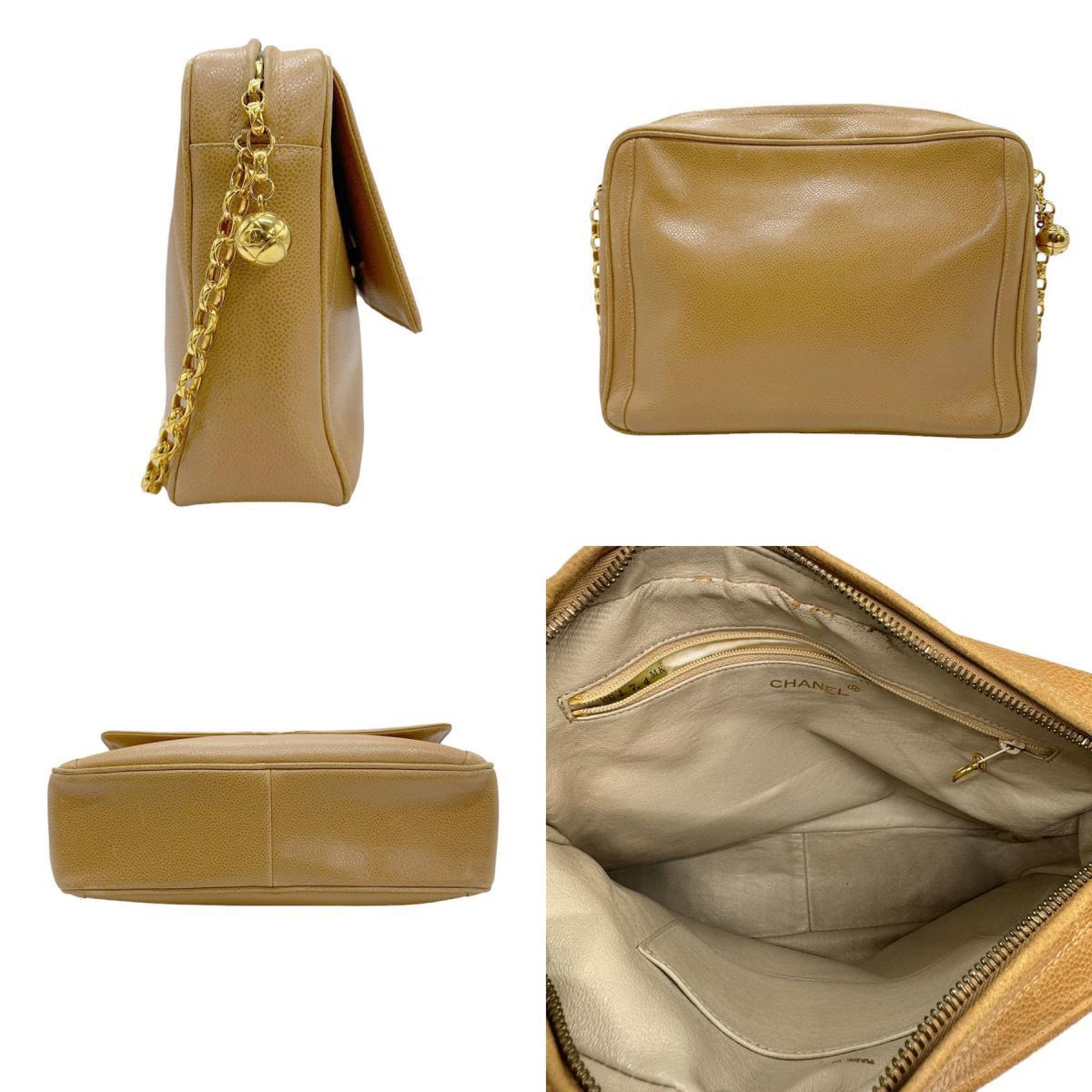 CHANEL Shoulder Bag Caviar Leather Camel Women's z0840