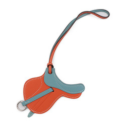 HERMES Paddock Cell Keychain Swift Leather Orange Poppy Blue Saint-Cyr Bag Charm Saddle Motif