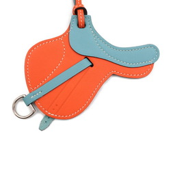 HERMES Paddock Cell Keychain Swift Leather Orange Poppy Blue Saint-Cyr Bag Charm Saddle Motif