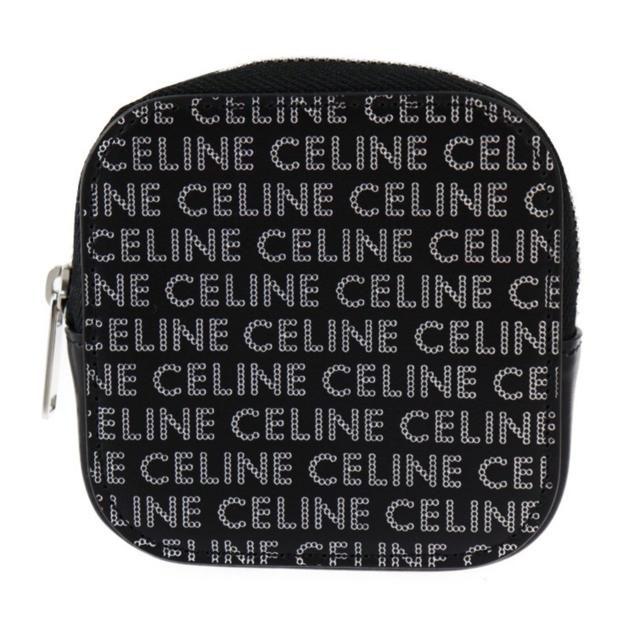 CELINE Coin Purse Leather Black Silver Round Multi-Case