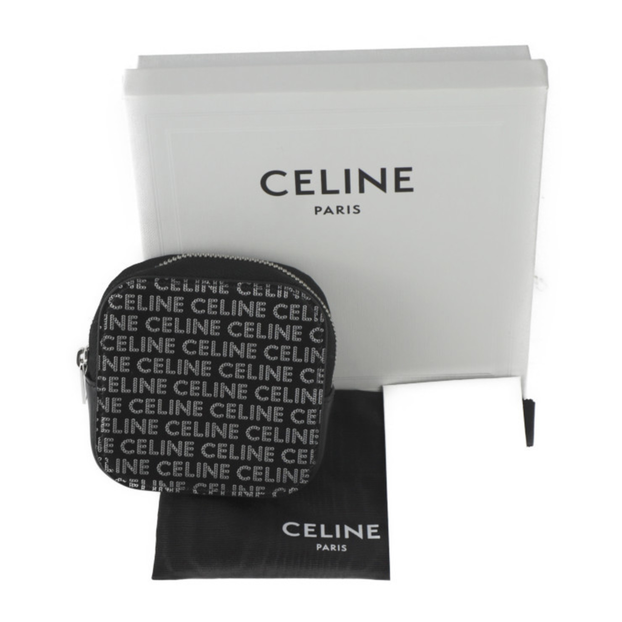 CELINE Coin Purse Leather Black Silver Round Multi-Case