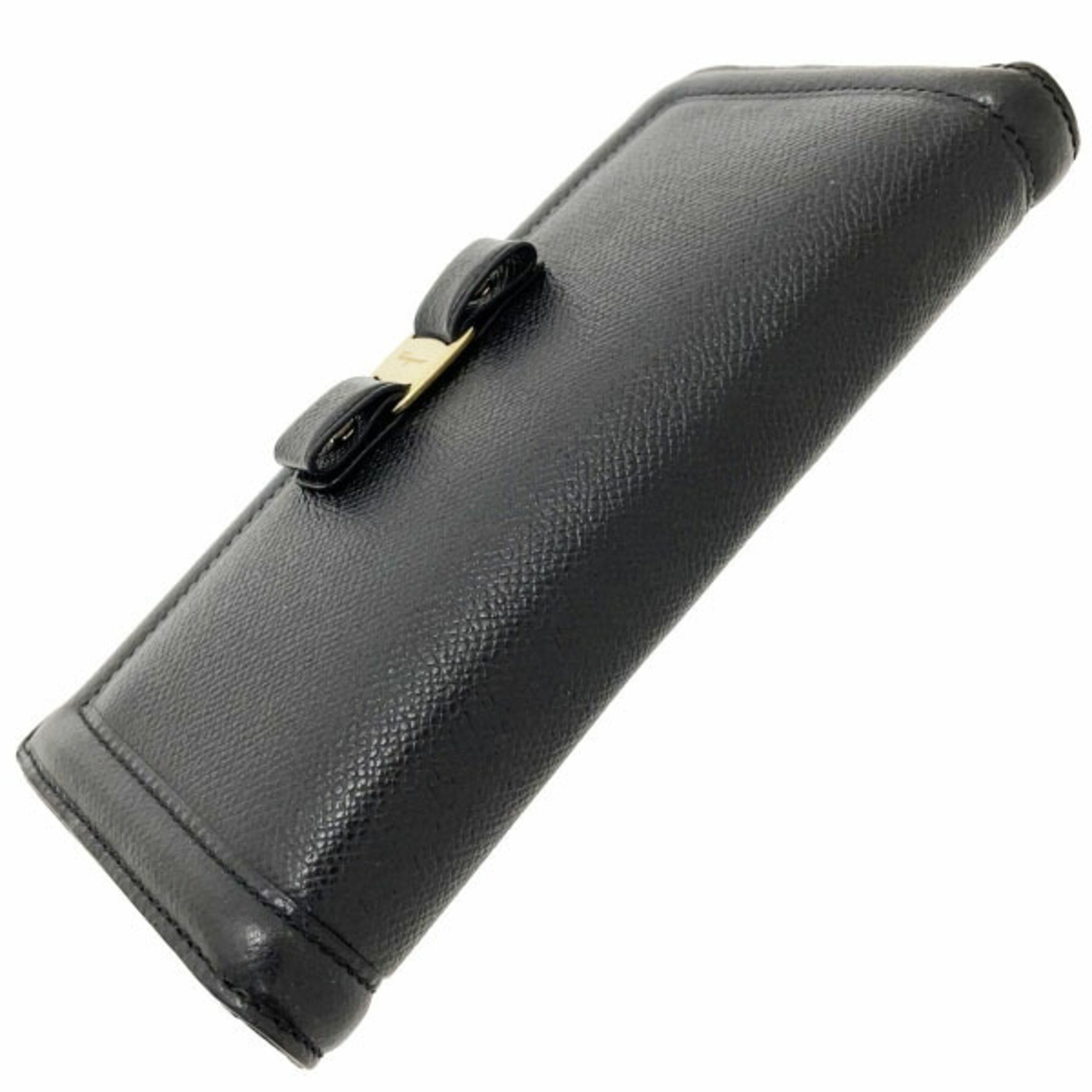 Salvatore Ferragamo Long Wallet Vara L-Shaped Calf Leather Black 22 C907 Ribbon Women's THSA-11879