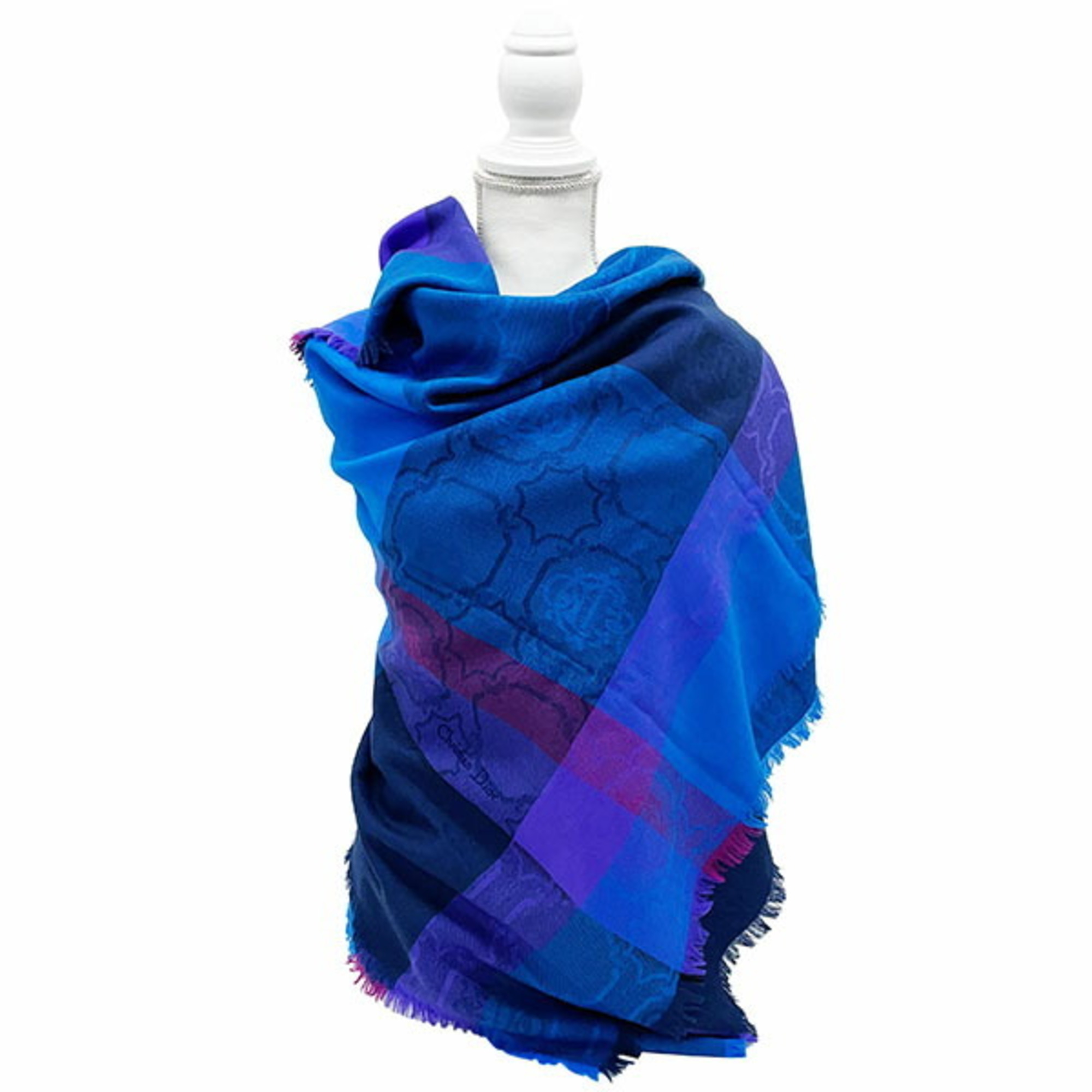 Christian Dior shawl, check, large multi-color, blue, purple, navy, Dior, stole, muffler, scarf, lap blanket, C.Dior YY-11801