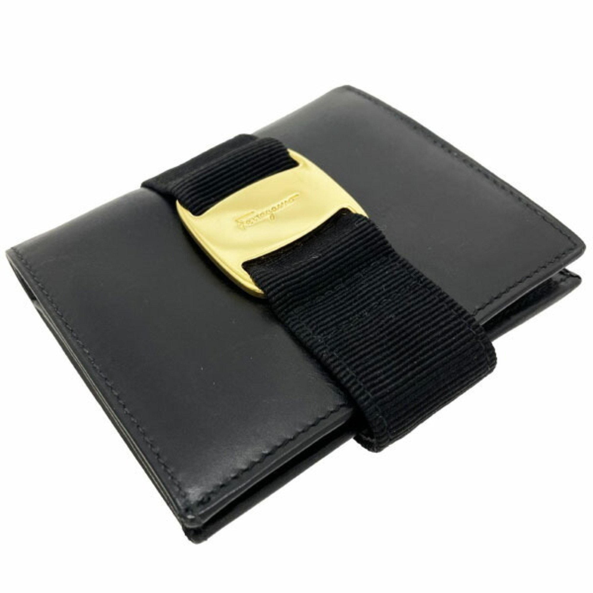 Salvatore Ferragamo Wallet Vara Bi-fold Leather Black 22 3053 Compact Women's XW-12725
