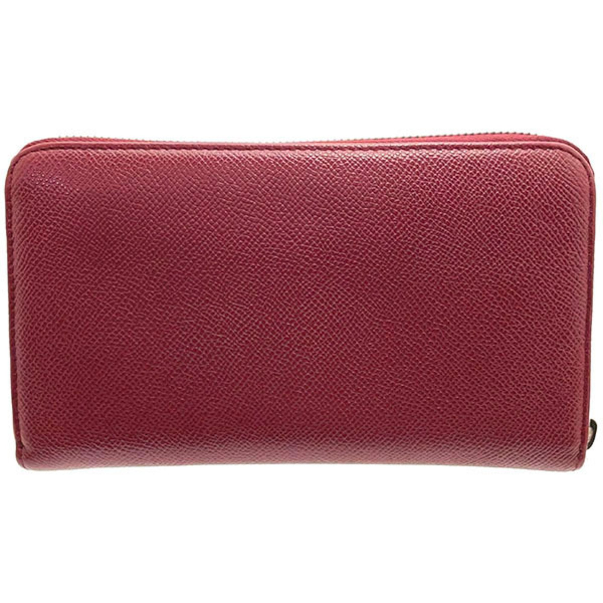 BVLGARI Long Wallet Zip Grained Calf Leather Red 37340 Round SS-10831