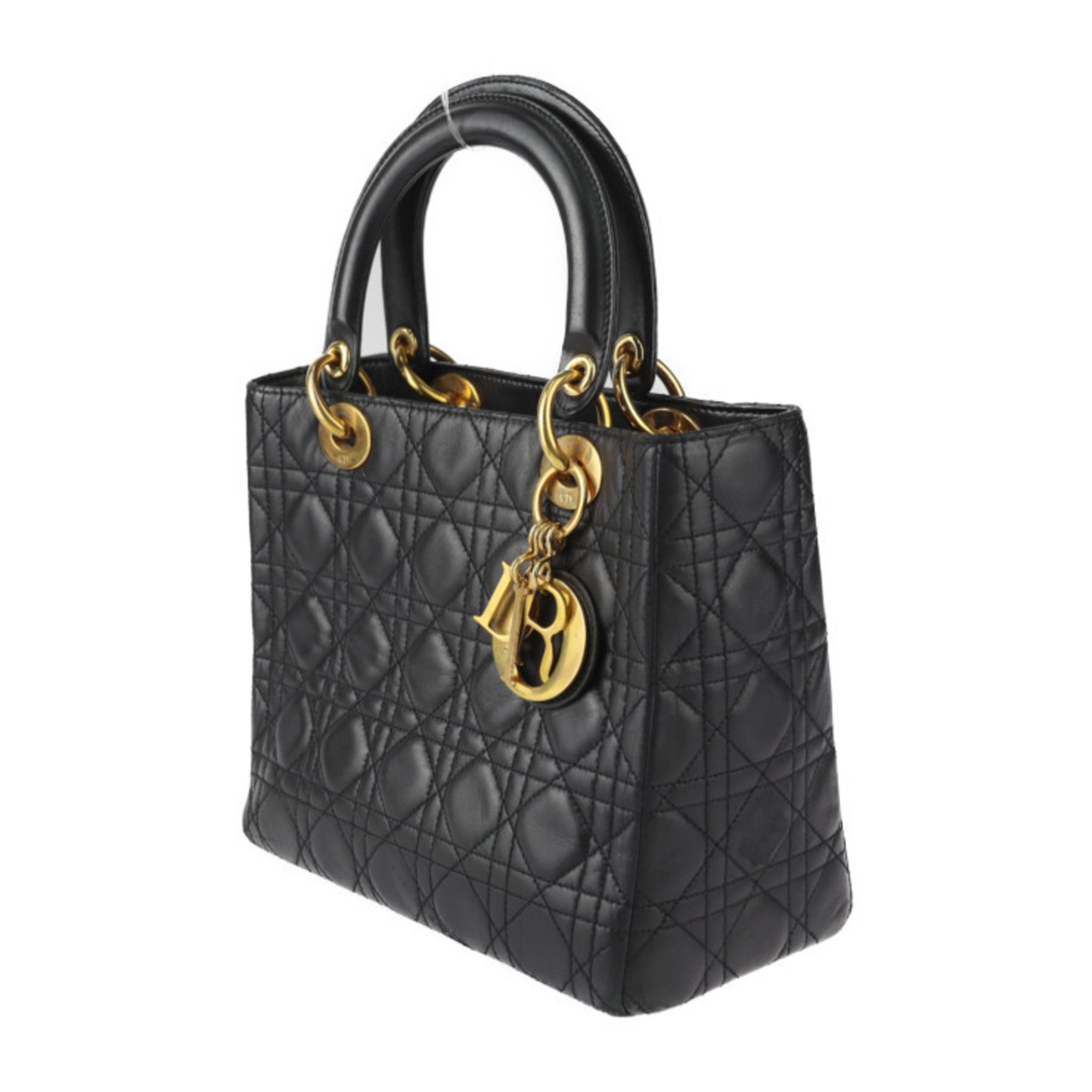 Christian Dior Lady Cannage Handbag Lambskin Black Shoulder Bag All Leather Classic Medium