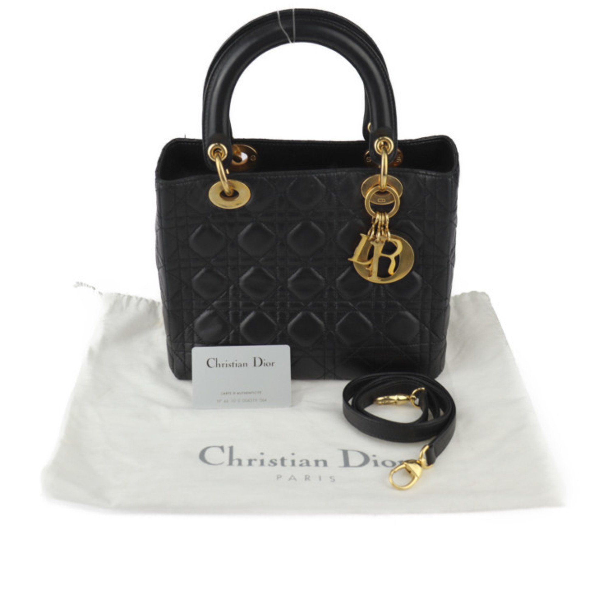 Christian Dior Lady Cannage Handbag Lambskin Black Shoulder Bag All Leather Classic Medium