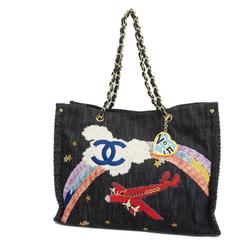 Chanel tote bag, chain shoulder, denim, navy, champagne, women's