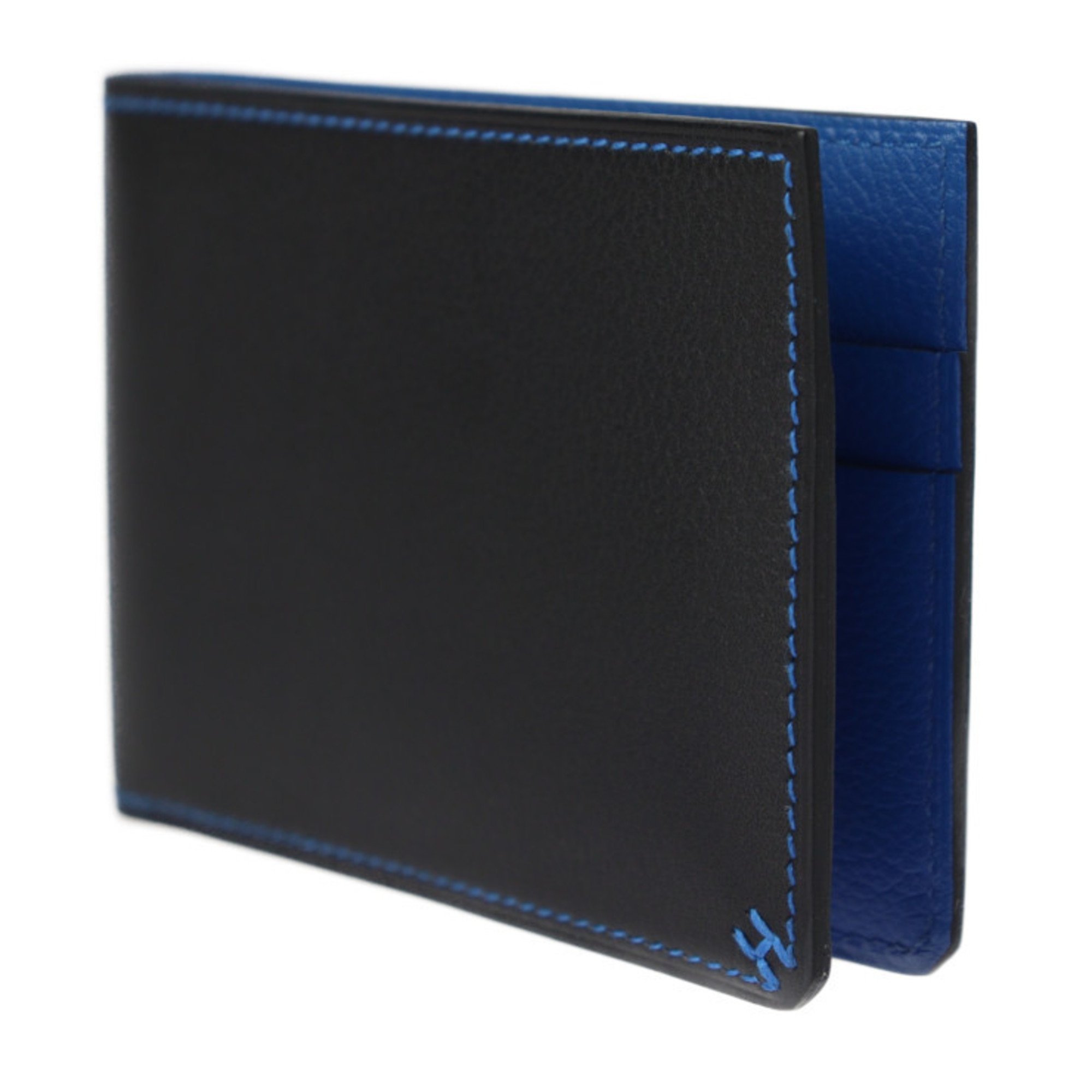 HERMES H Series Horizontal Card Holder Case Evercolor Black Blue Bi-fold B Engraved