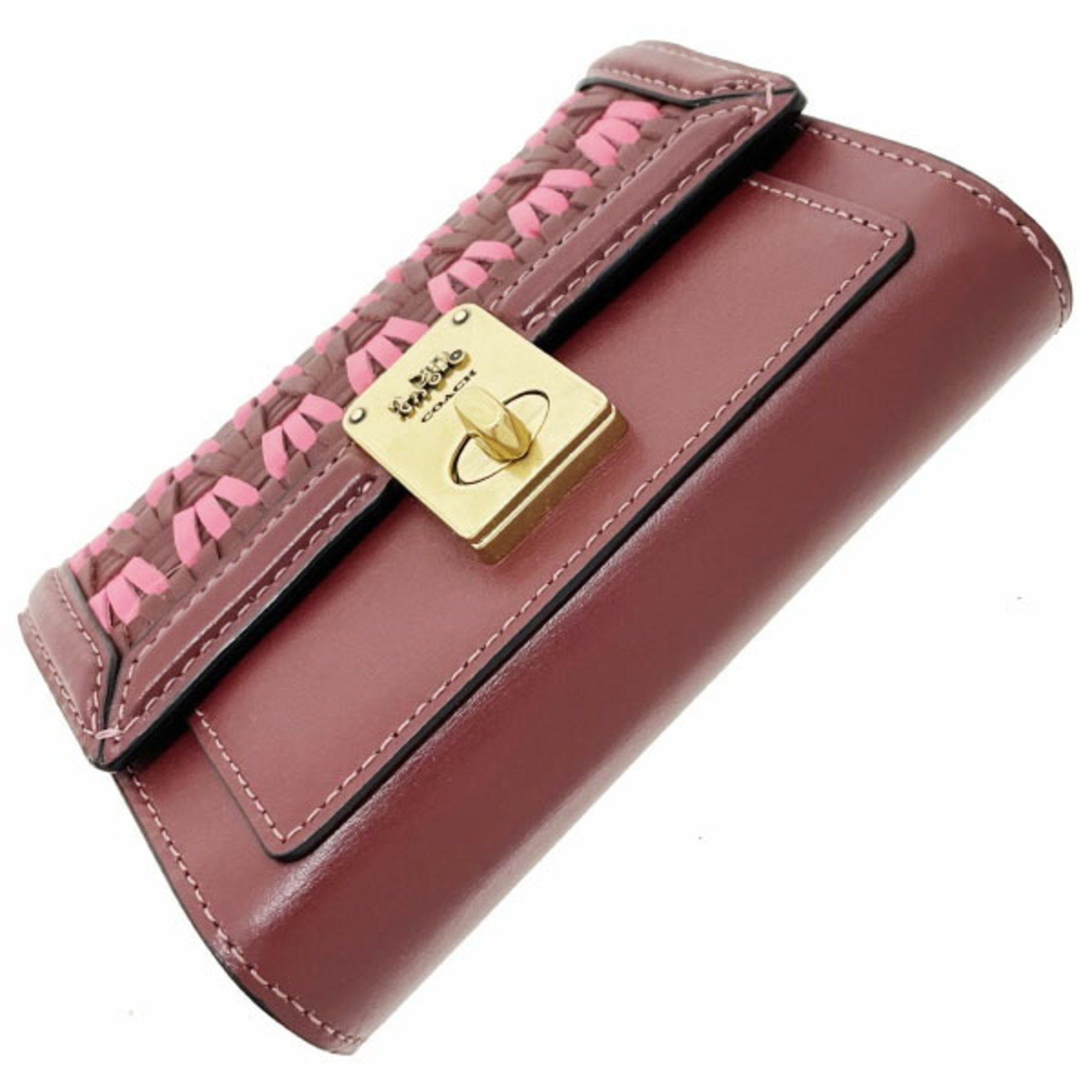 Coach Wallet Hutton with Weaving Leather Burgundy 804 COACH Bi-fold L-Shaped Compact Outlet HUTTON WALLET WITH WEAVING NW-12544