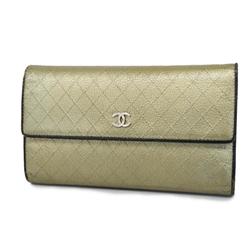 Chanel Tri-fold Long Wallet Leather Black Gold Women's