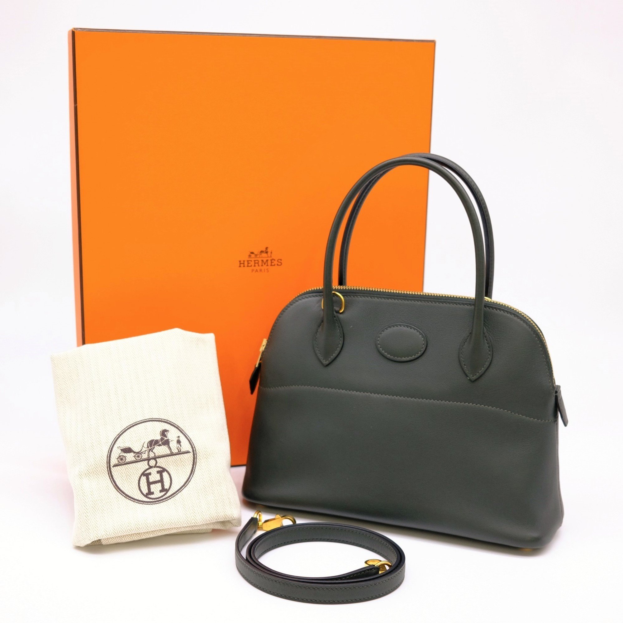 HERMES Bolide 27 Handbag in Swift Leather Vert Fonce Dark Green