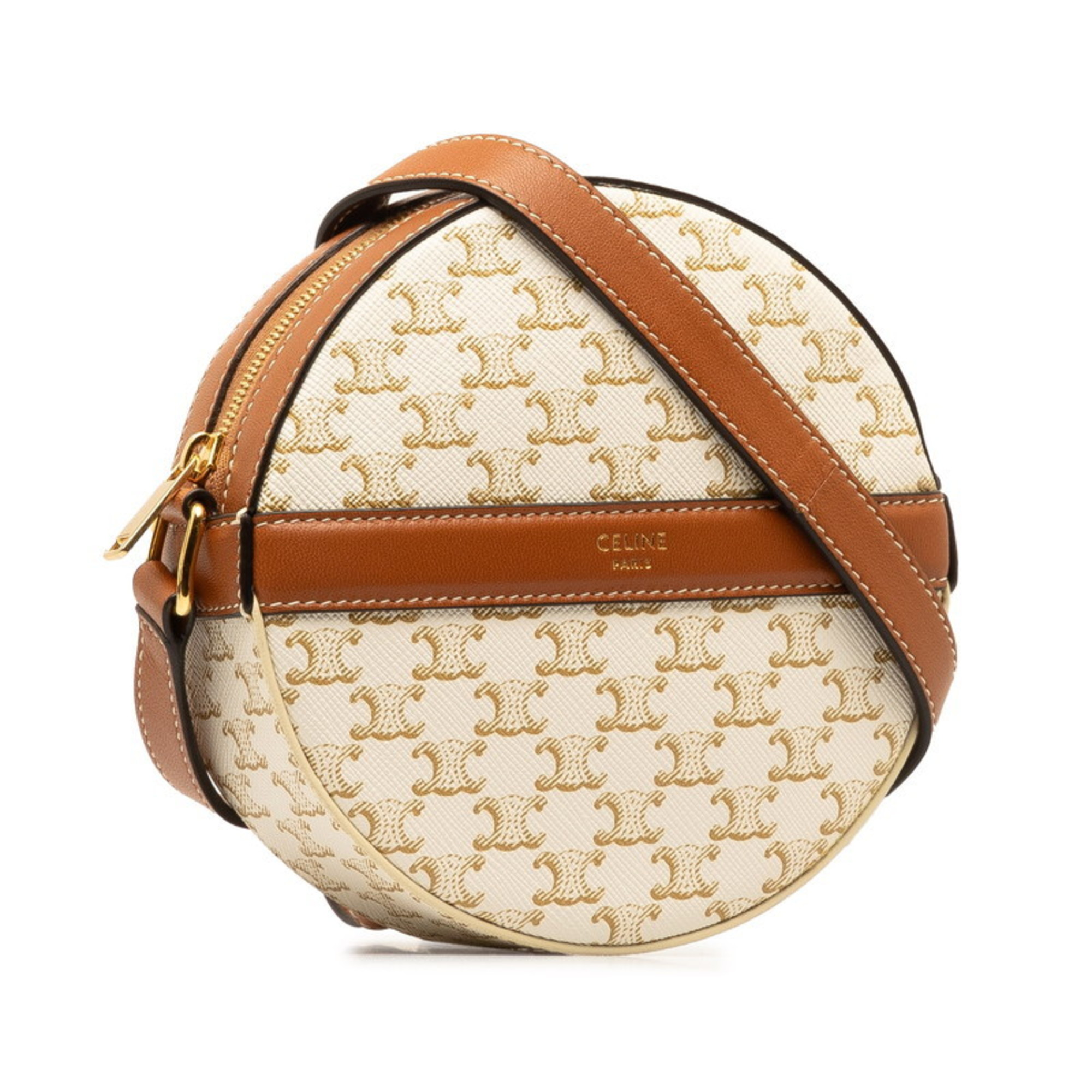 Celine Triomphe Round Purse Shoulder Bag Tan White PVC Leather Women's CELINE