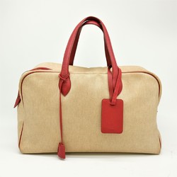 HERMES Victoria 43 Boston Bag Toile H Leather Red
