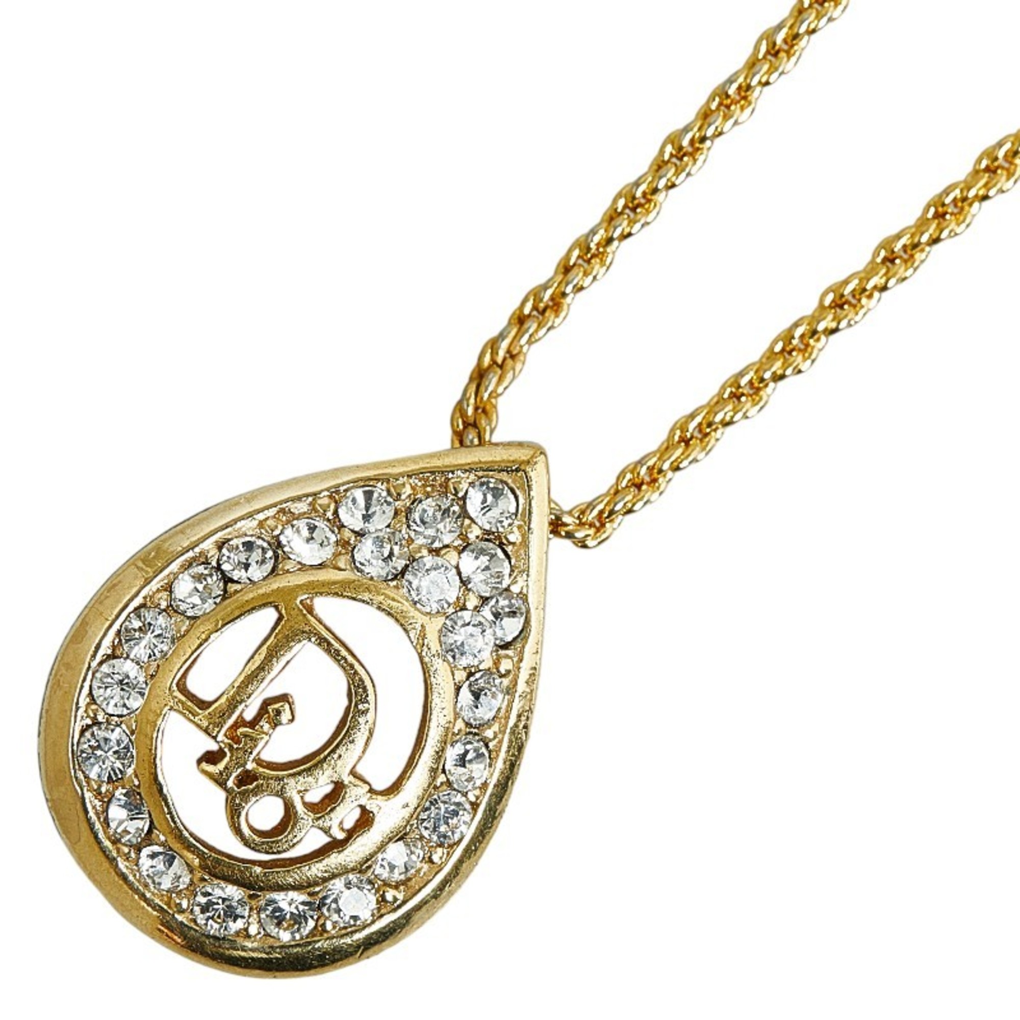 Christian Dior Dior Rhinestone Teardrop Motif Necklace Gold Plated Women's