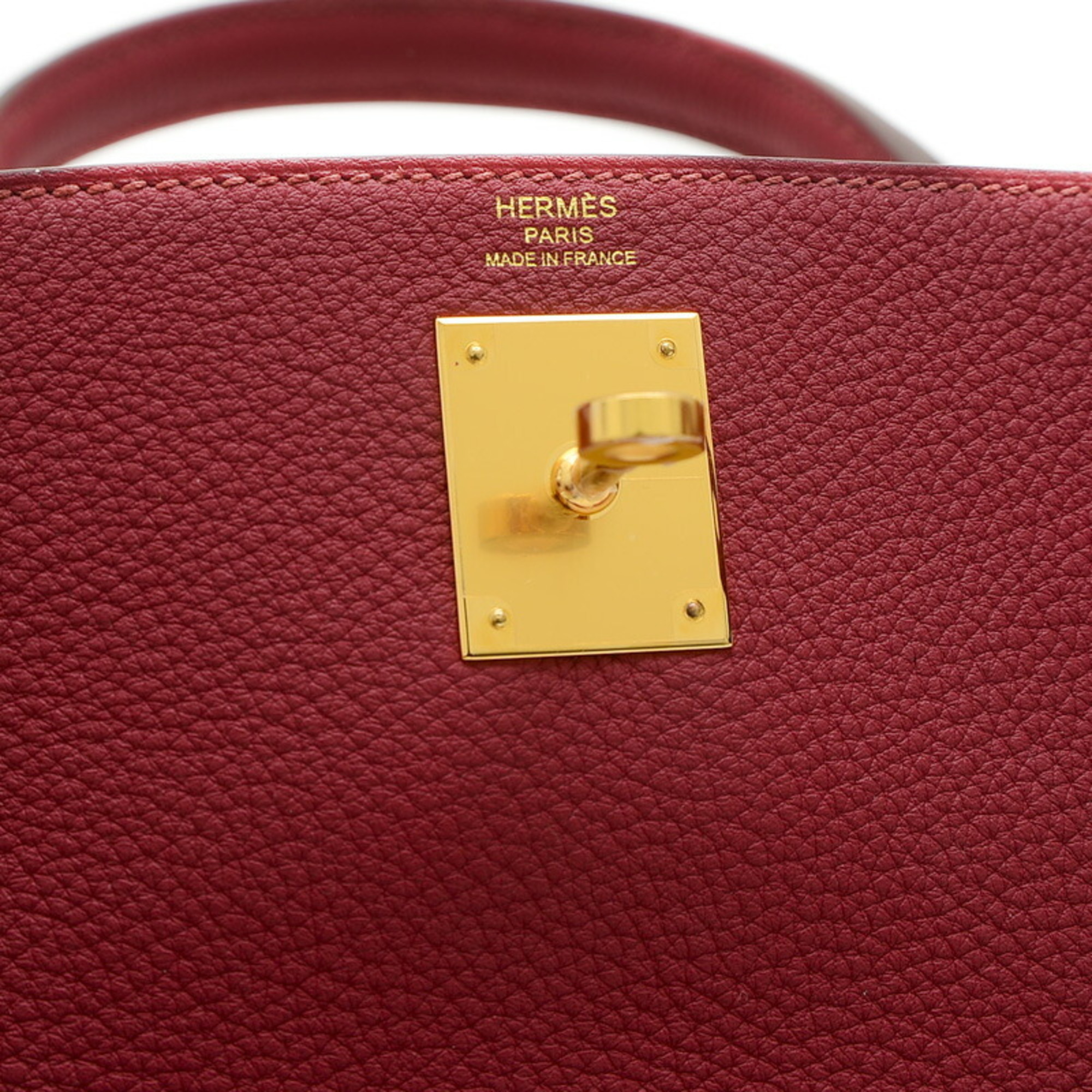 Hermes Kelly 28 Inner Stitching Handbag Taurillon Clemence Rouge Grenat B Stamp