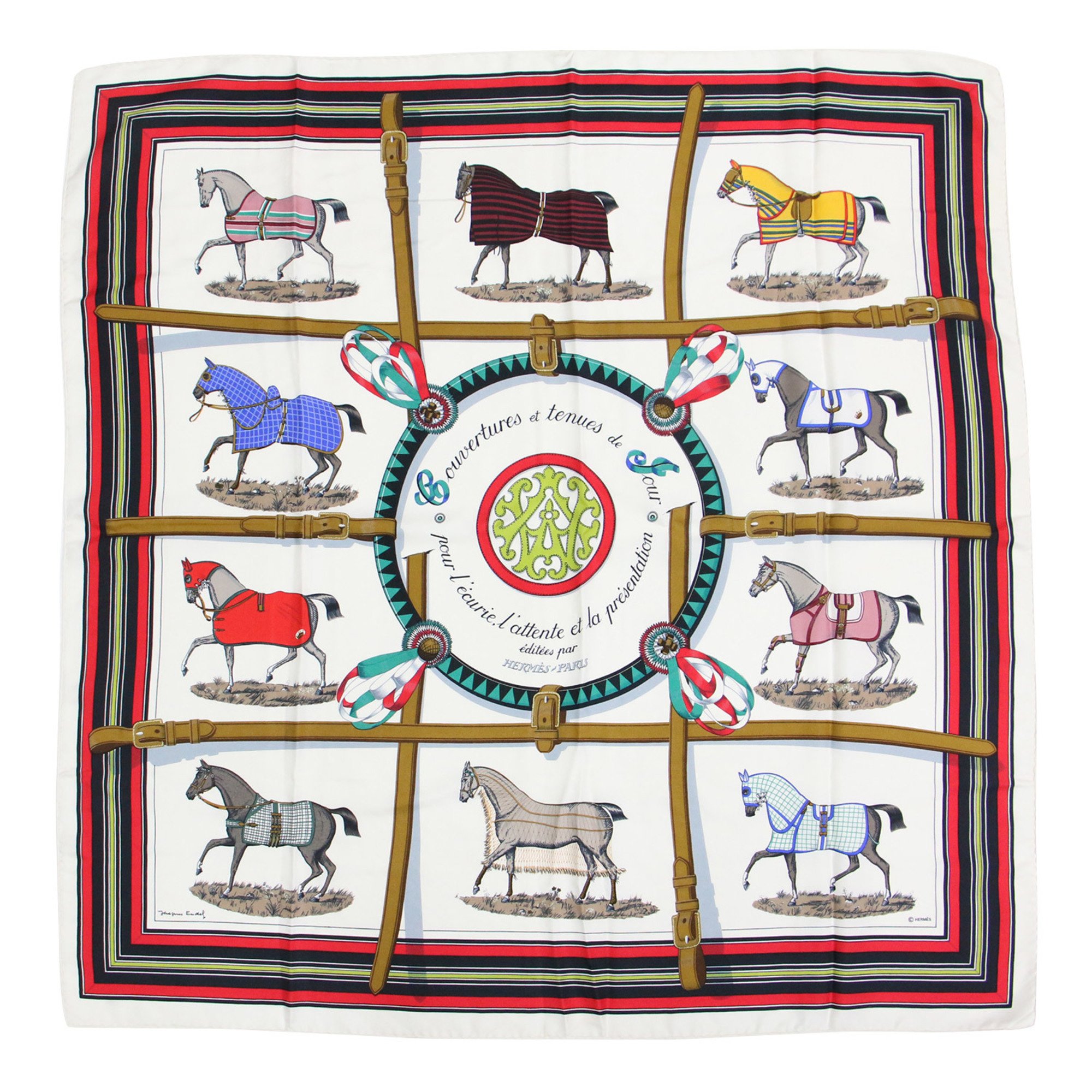 HERMES Hermes Scarf Muffler Shawl Carre 90 White Large Silk Horse Blanket Couvertures et tenues de Jou Women's