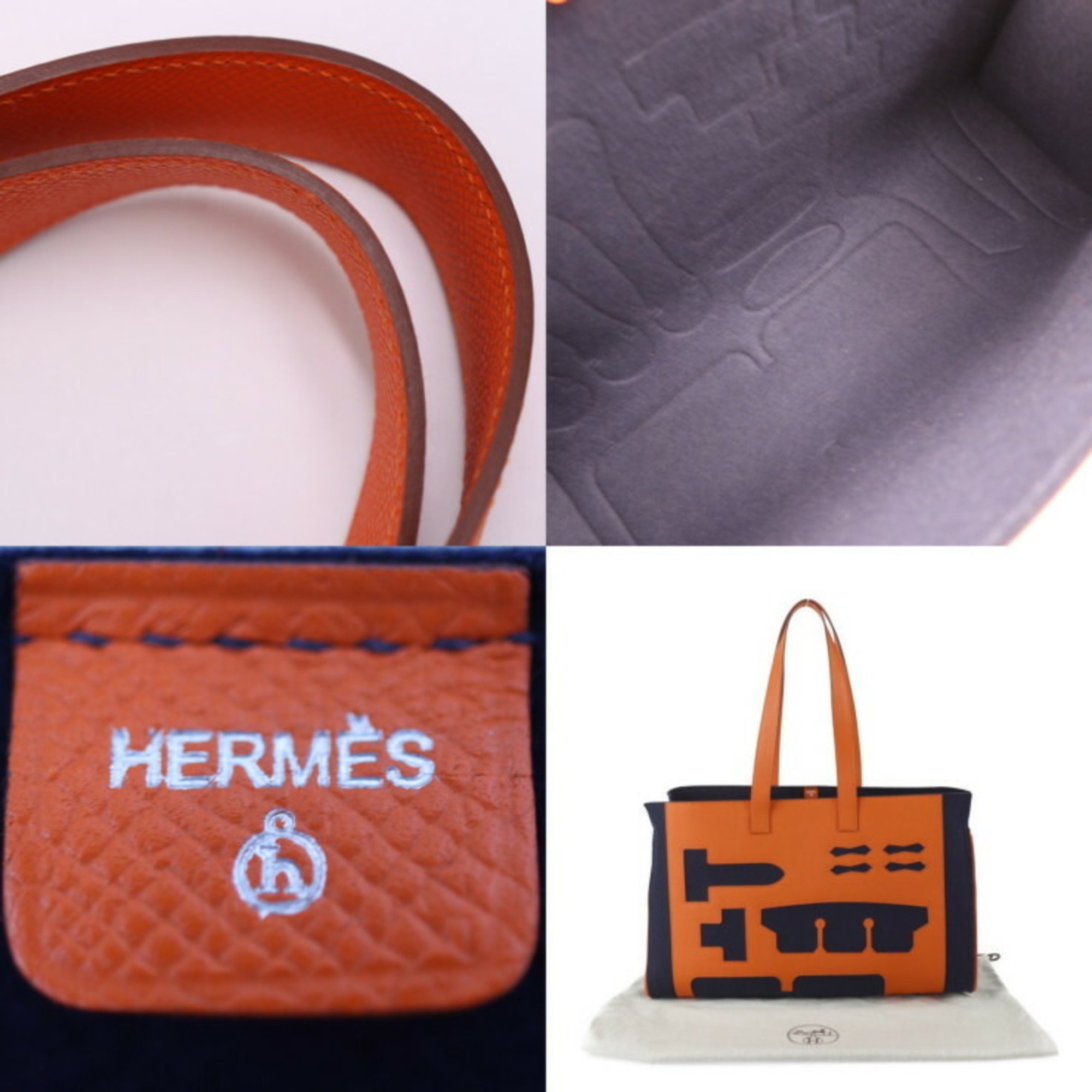 HERMES Hermes Tote GM Petit H Bag 1040008-62 Epsom Felt Orange Navy Shoulder