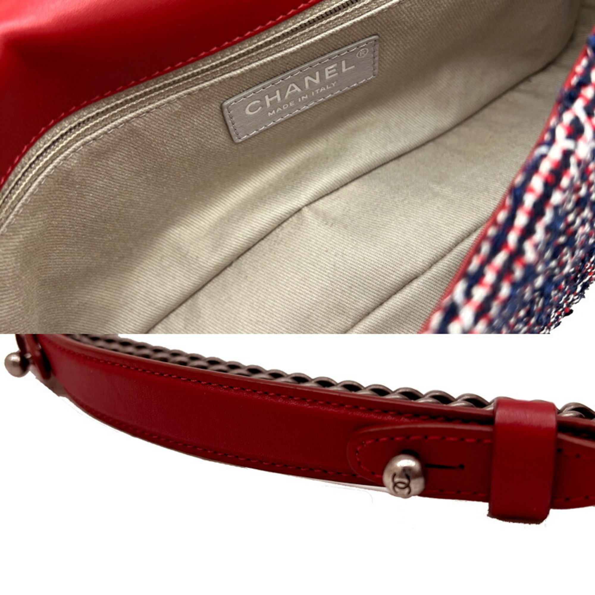 CHANEL Chanel Matelasse Tweed Chain Shoulder Bag Navy Red White Silver Handbag Women's