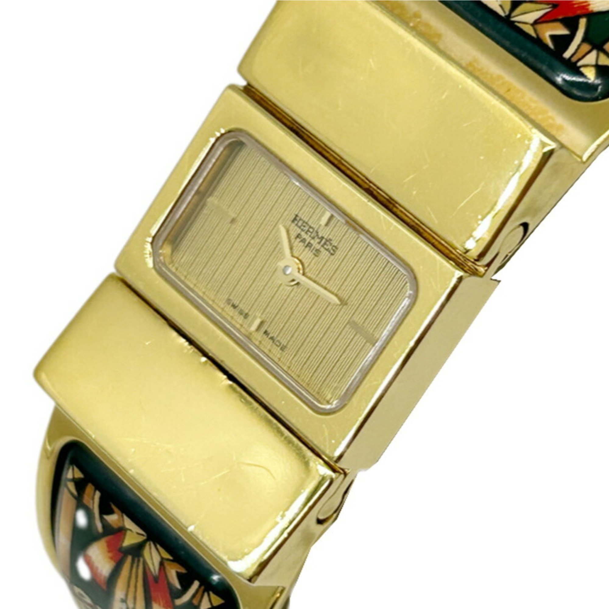 HERMES Hermes Loke Bangle Watch Quartz Cloisonne LO1.201 Ladies Gold Green