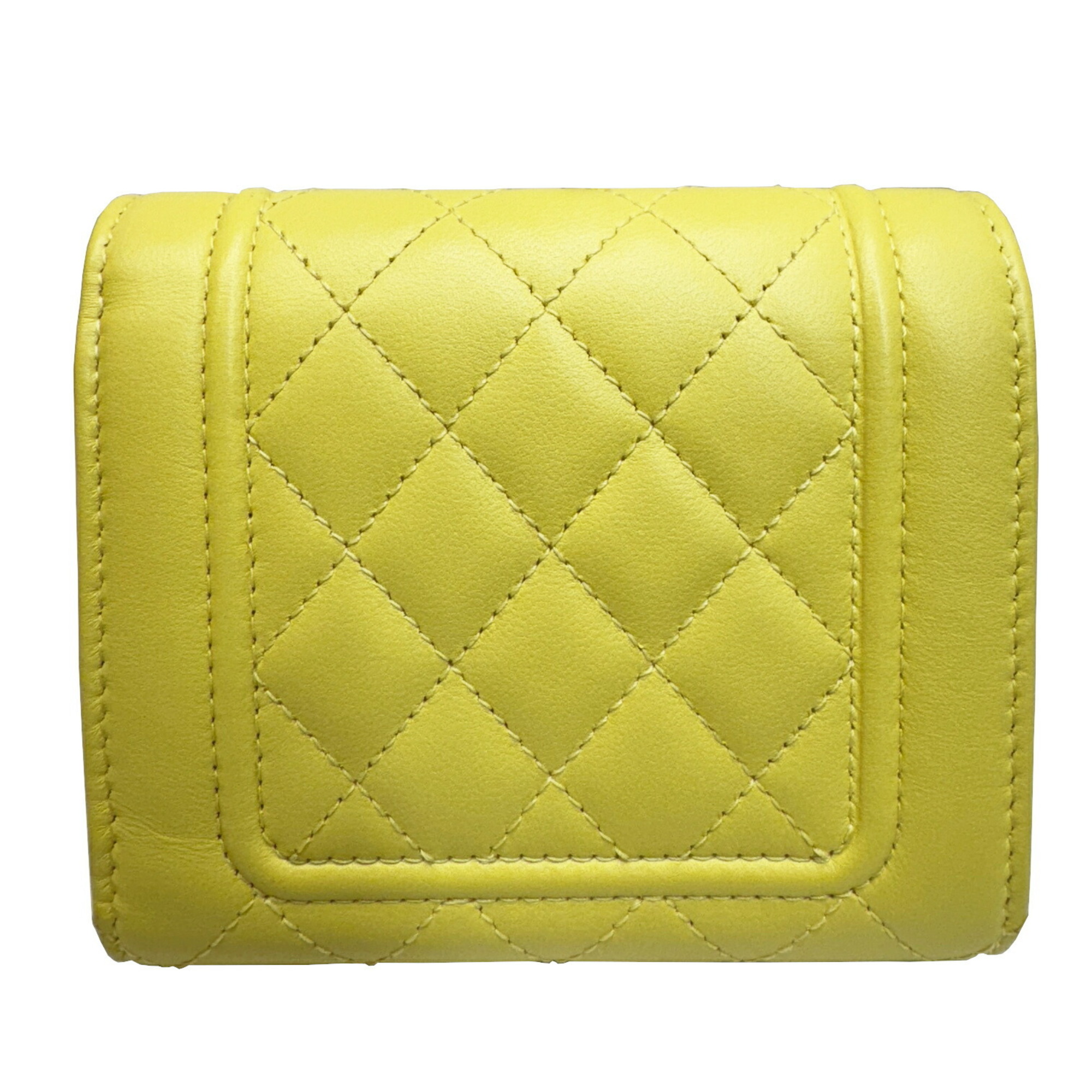 CHANEL Matelasse Mademoiselle Small Flap Wallet Tri-fold Lambskin Leather Yellow Pink 24th Series Women's