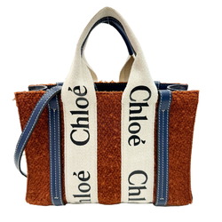 Chloé Chloe WOODY Small Tote Bag Shoulder Canvas Leather Wool Brown Blue White Women's