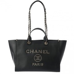 CHANEL Deauville Studded Tote Chain Black Champagne A57067 Women's Caviar Skin Bag