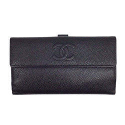 CHANEL W-Flap Long Wallet A50070 Caviar Skin Black Coco Mark Leather Goods Flap Women's