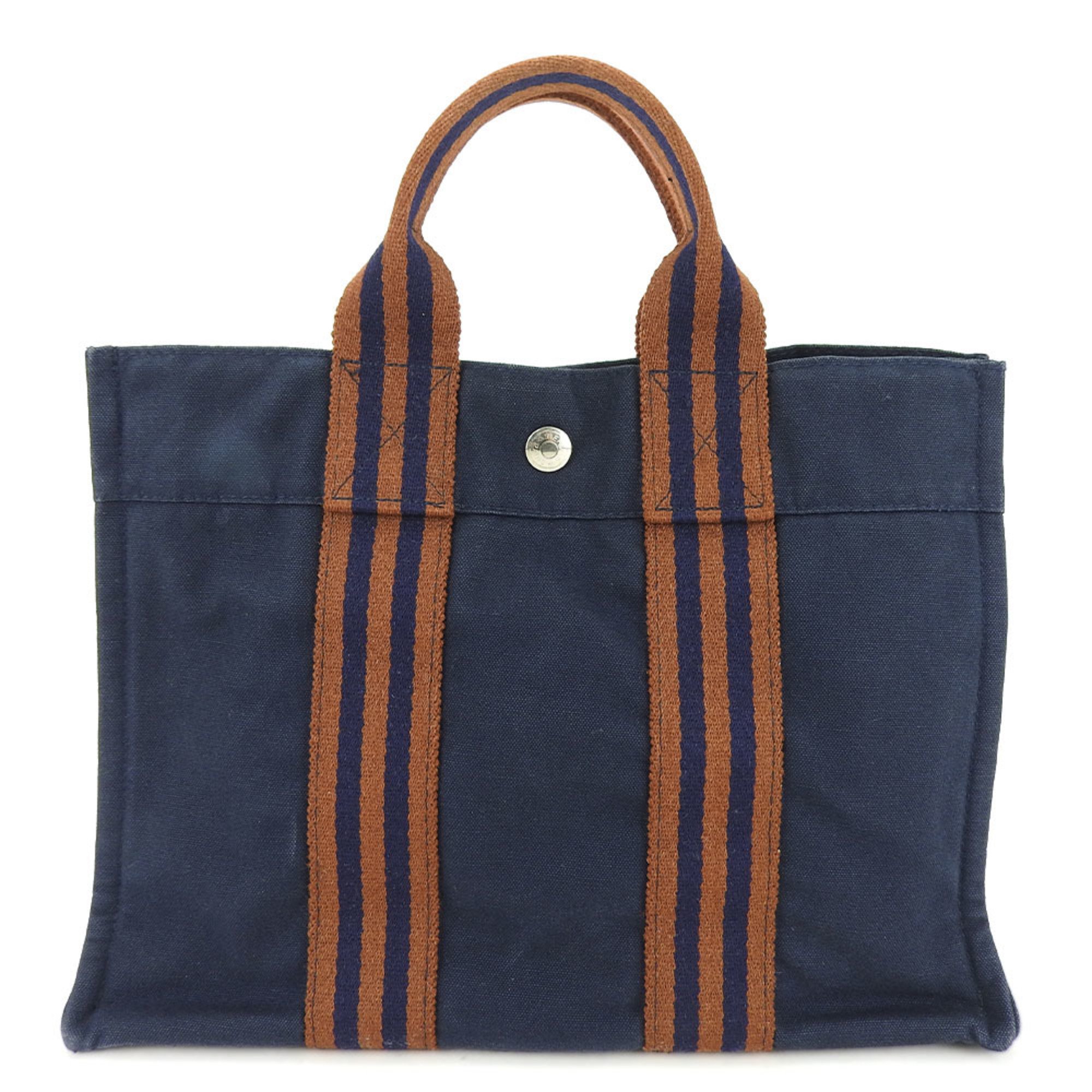 Hermes Tote Bag Foult PM Canvas Navy Brown Women's Men's HERMES