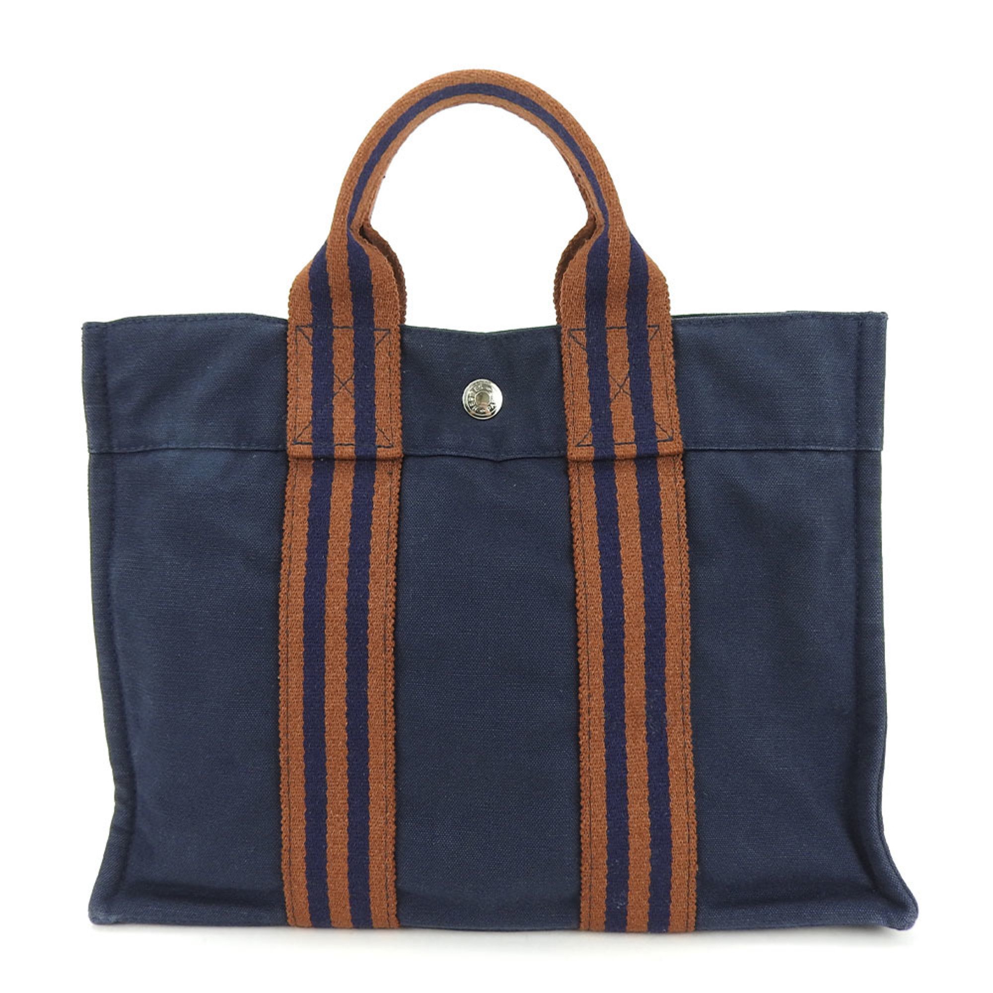 Hermes Tote Bag Foult PM Canvas Navy Brown Women's Men's HERMES